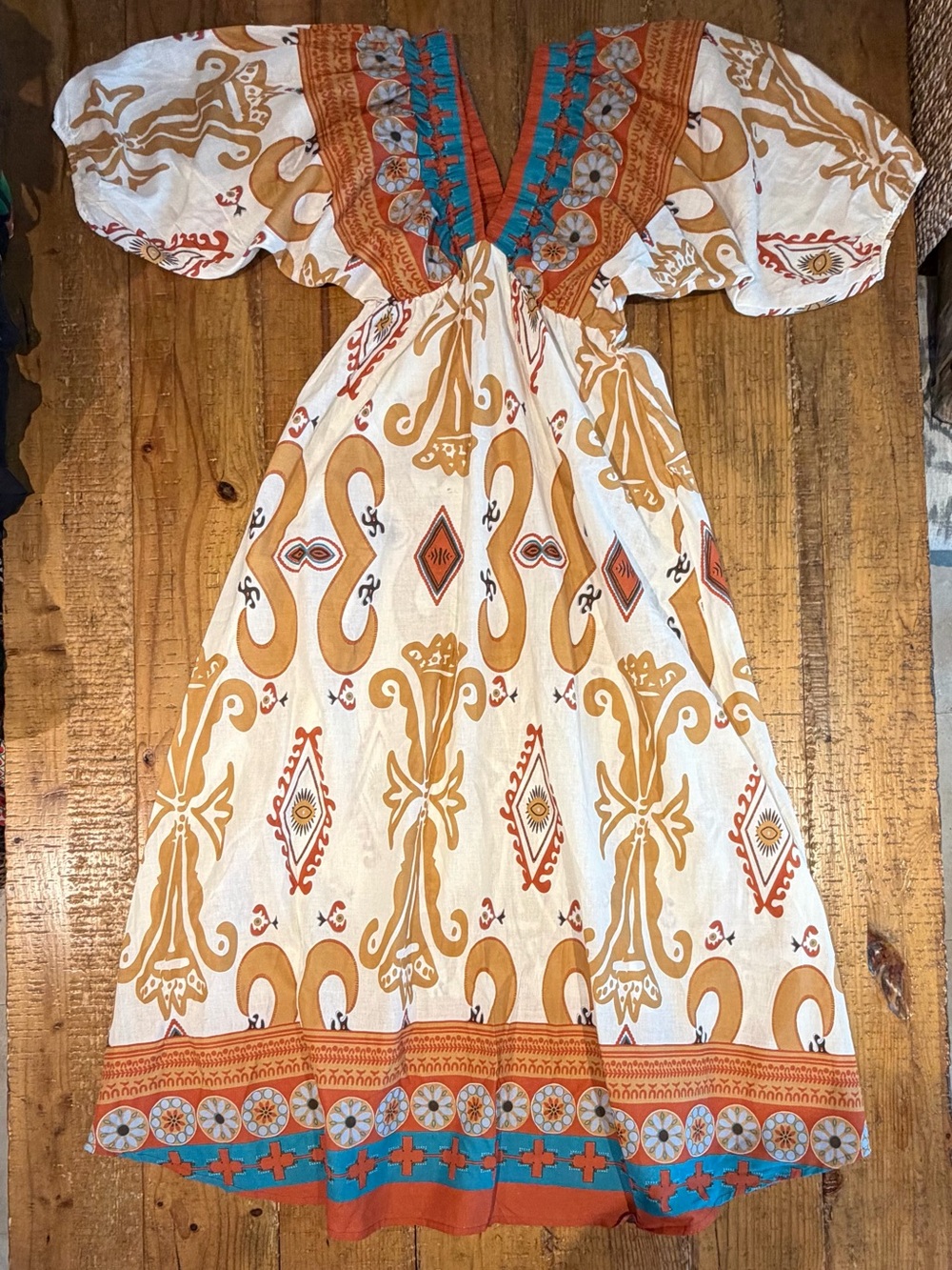 Boho Maxi Dress in White with Mustard and Turquoise Accents 100% Cotton NWT
